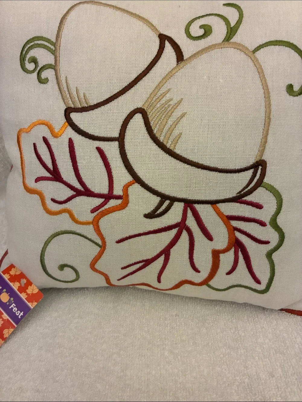 Fall Fest Home Decor Acorn Embroidered Decorative Accent Pillow - Cream & Orange